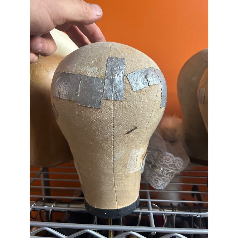 ANTIQUE CANVAS/CORK MILLINERS HAT BLOCK MANNEQUIN HEAD SHOP WIG DISPLAY STAND 08